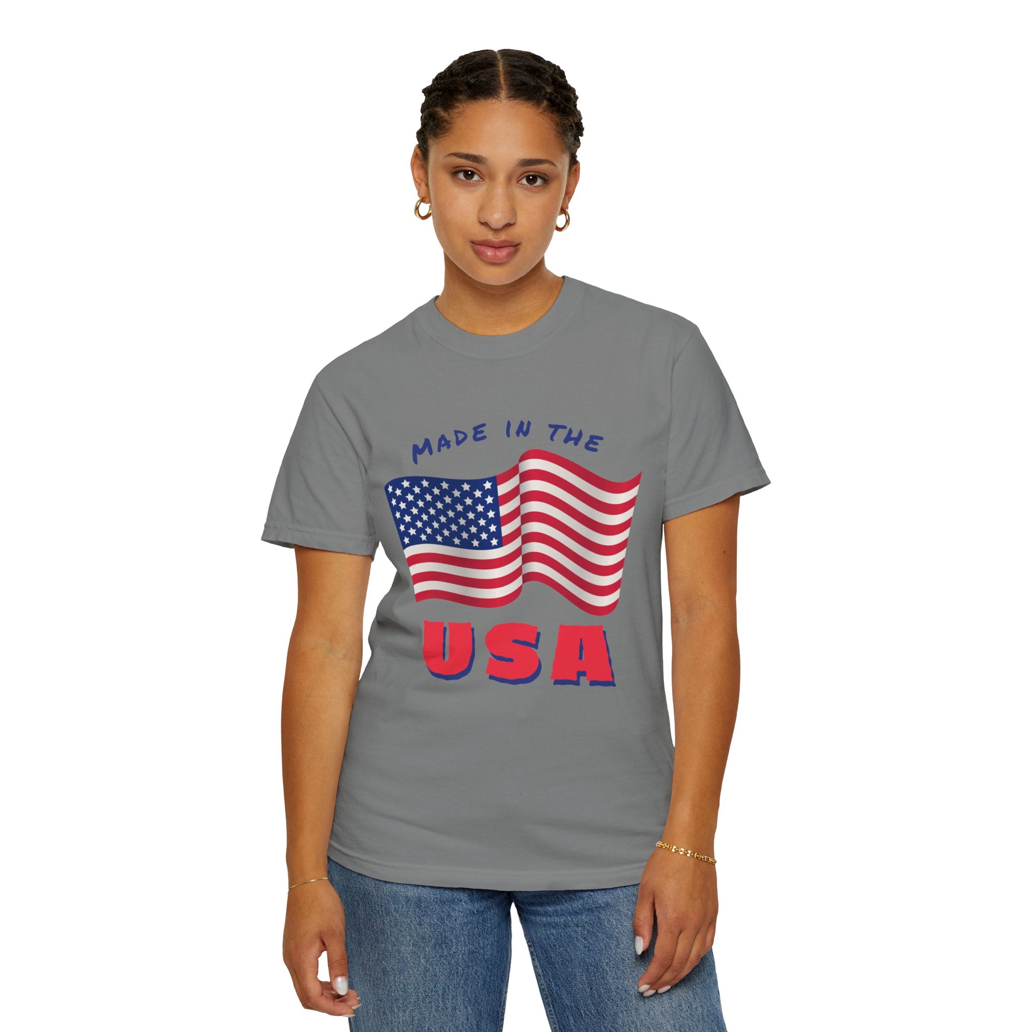 Patriotic T-Shirt for Celebrations, Made in the USA Tee, Unisex Garment-Dyed Shirt, July 4th Apparel, Red White Blue Tee