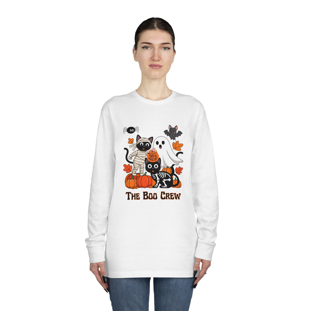 Halloween Long Sleeve Tee, Boo Crew Shirt, Cat Ghost Top, Fall Apparel, Spooky Season Clothing, Kids Halloween Outfit