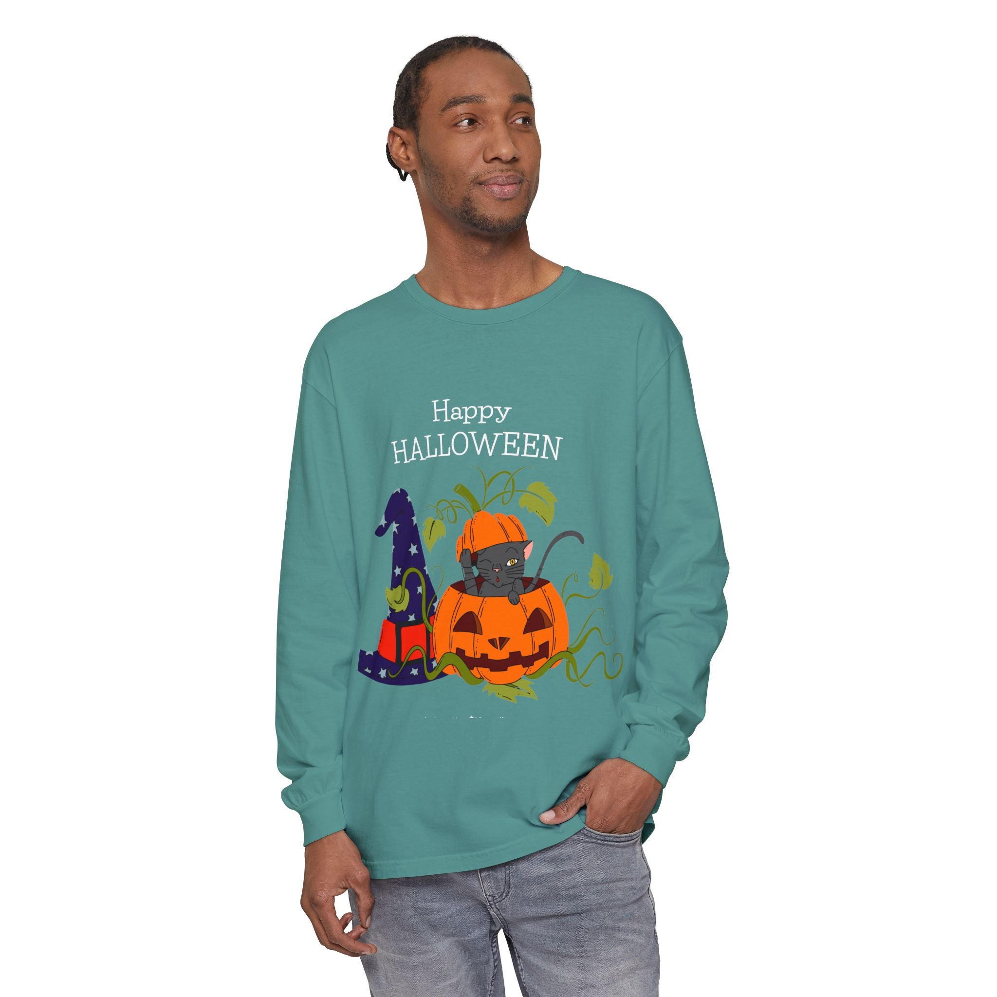 Happy Halloween Cat Long Sleeve T-Shirt, Unisex Halloween Shirt, Spooky Seasonal Apparel, Cute Trick or Treat Tee, Fall Festive Wear