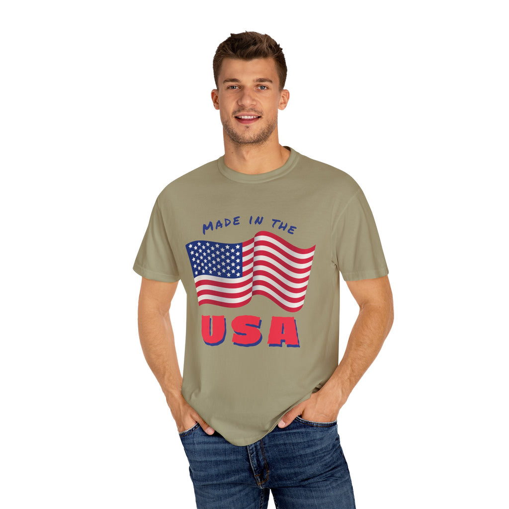 Patriotic T-Shirt for Celebrations, Made in the USA Tee, Unisex Garment-Dyed Shirt, July 4th Apparel, Red White Blue Tee