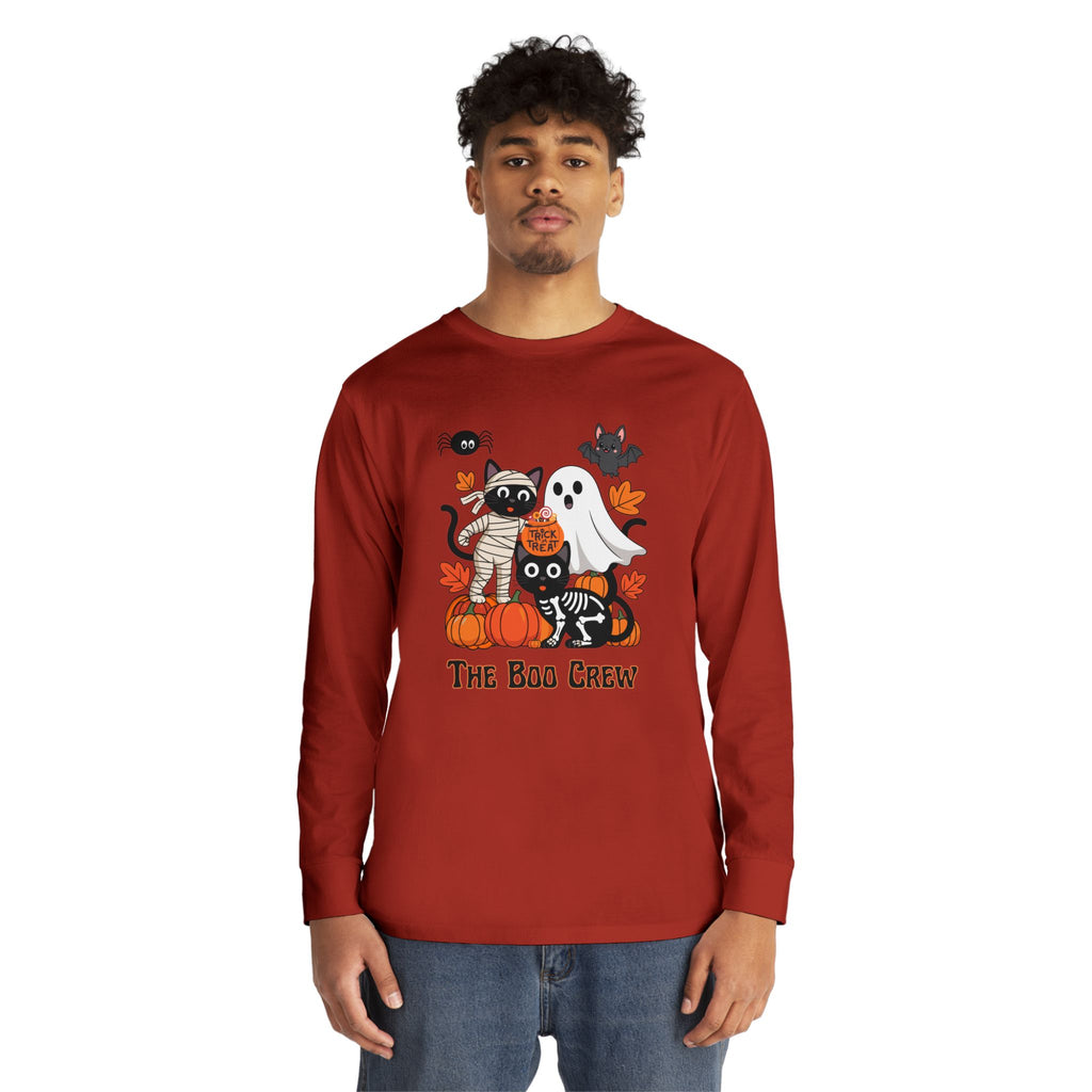 Halloween Long Sleeve Tee, Boo Crew Shirt, Cat Ghost Top, Fall Apparel, Spooky Season Clothing, Kids Halloween Outfit