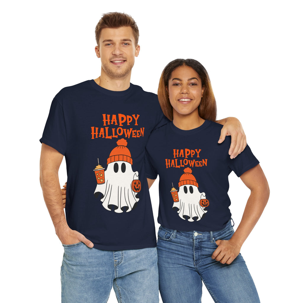 Happy Halloween Ghost Tee, Unisex Cotton T-Shirt, Halloween Apparel, Fall Fashion, Cute Halloween Gift, Ghost Tee