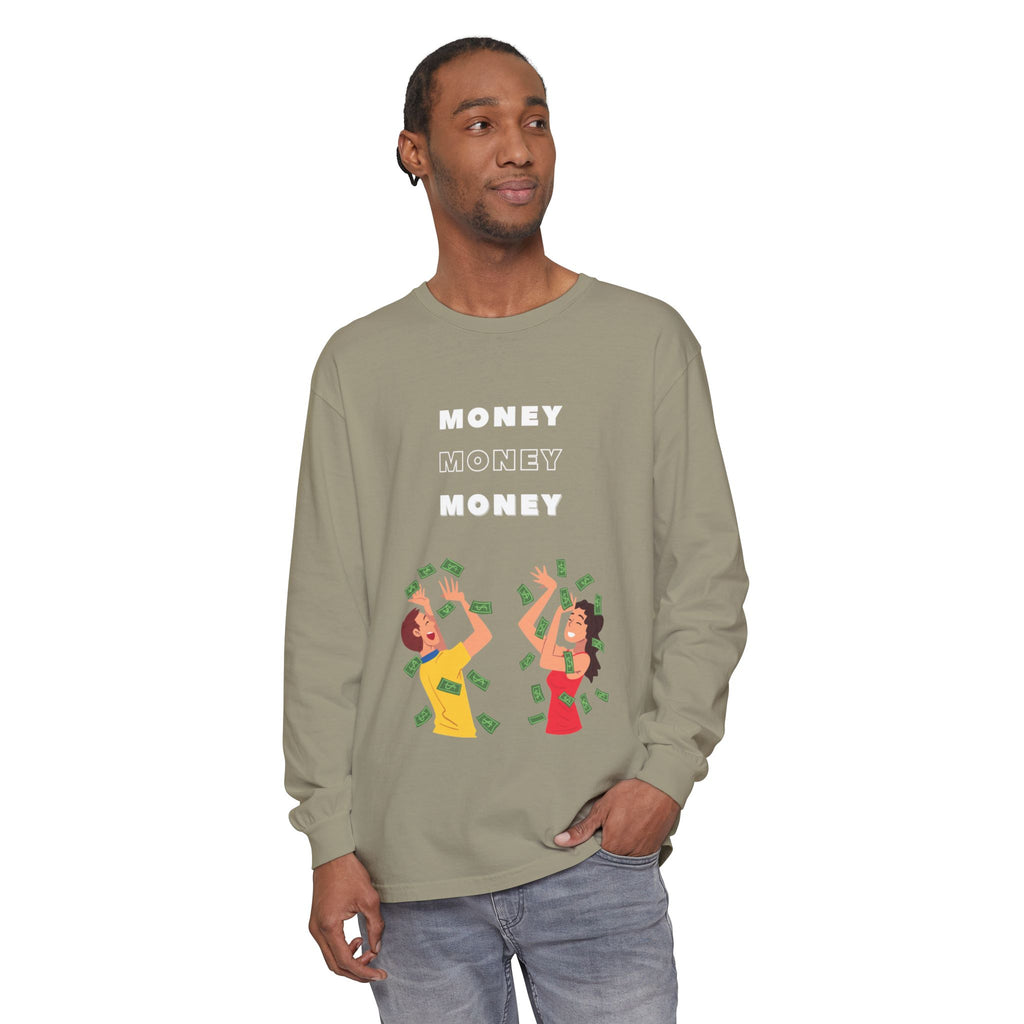 Money-Themed Long Sleeve T-Shirt, Funny Graphic Top, Gift for Finance Lovers, Casual Wear, Party Outfit, Unique Apparel