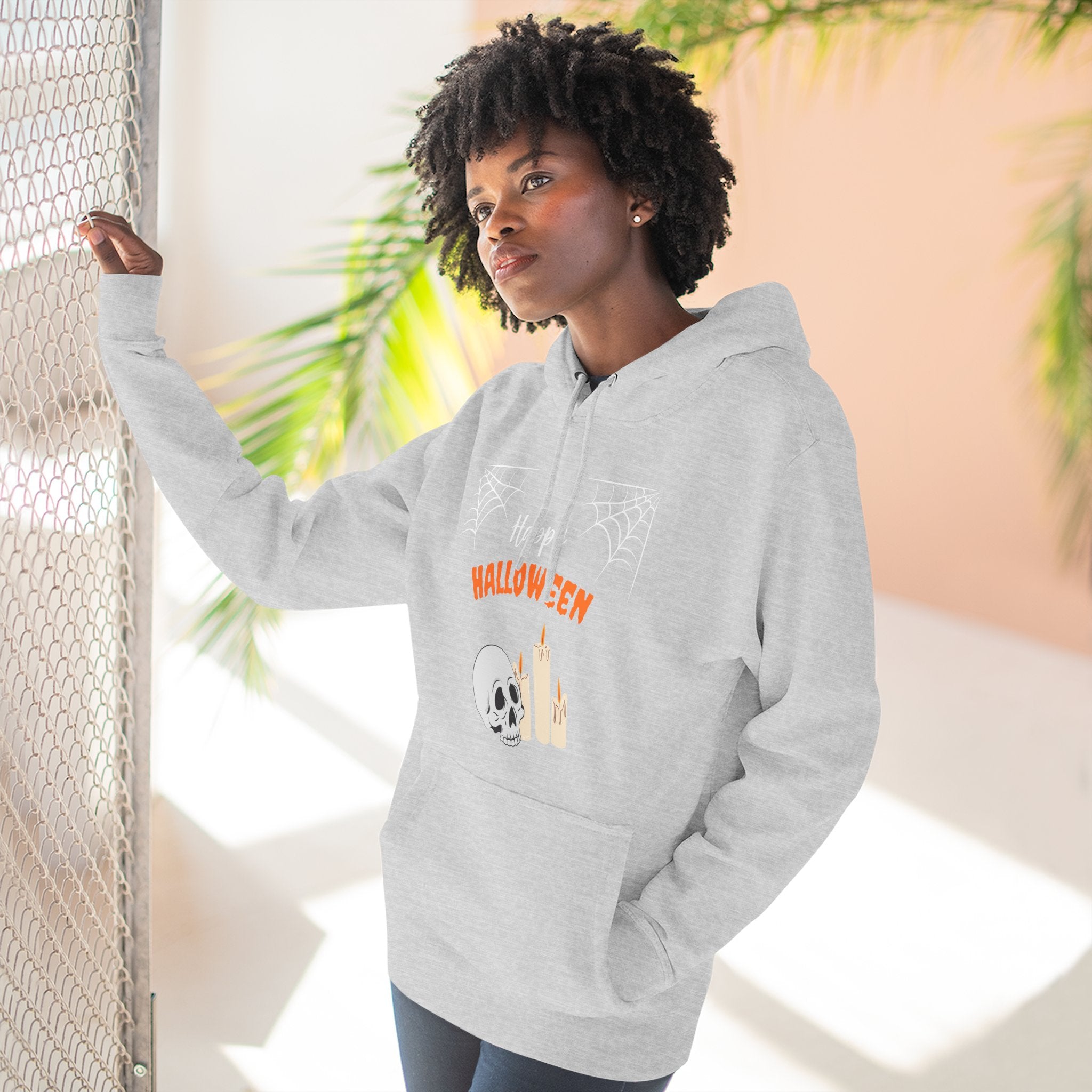Halloween Three-Panel Fleece Hoodie | Cozy Fall Apparel, Spooky Season Gift, Casual Sweatshirt, Pumpkin Design, Halloween Costume