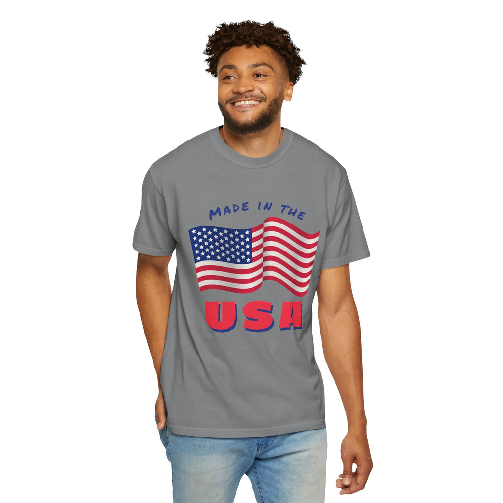 Patriotic T-Shirt for Celebrations, Made in the USA Tee, Unisex Garment-Dyed Shirt, July 4th Apparel, Red White Blue Tee