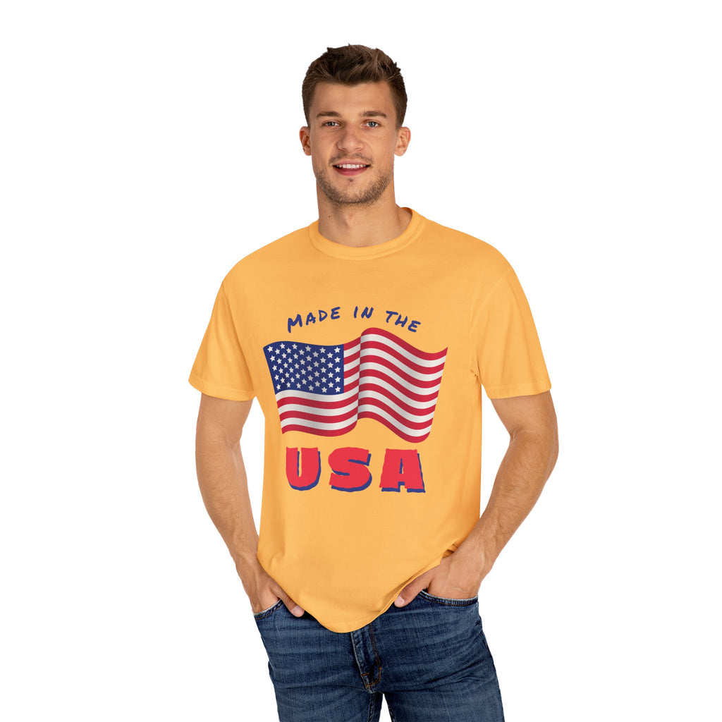 Patriotic T-Shirt for Celebrations, Made in the USA Tee, Unisex Garment-Dyed Shirt, July 4th Apparel, Red White Blue Tee