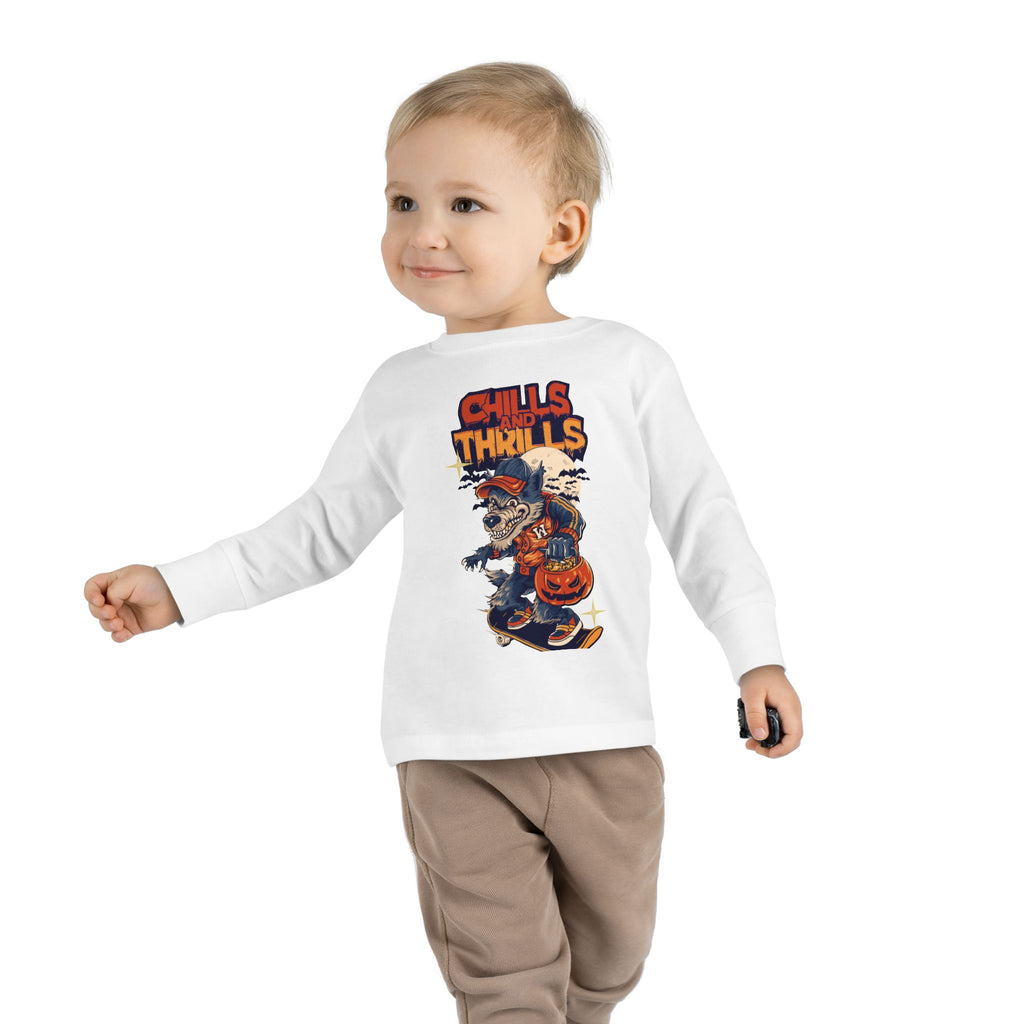 Toddler Long Sleeve Tee with Chills & Thrills Halloween Skater Design, Kids Fall Apparel, Halloween Outfit, Toddler Skate Tee, Fun [...]