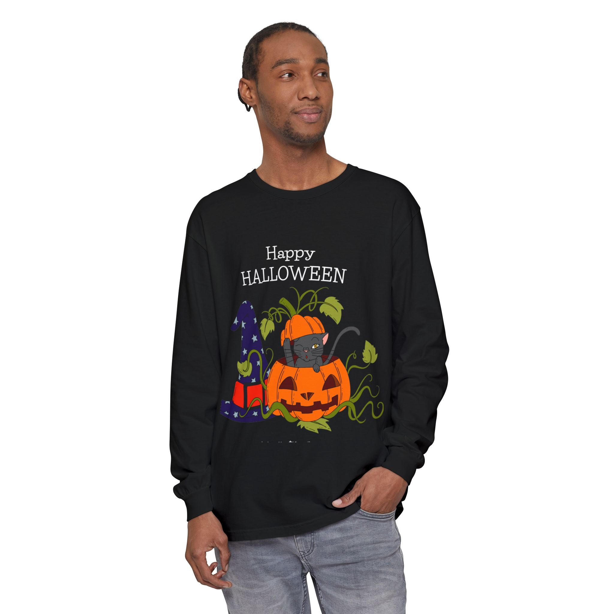Happy Halloween Cat Long Sleeve T-Shirt, Unisex Halloween Shirt, Spooky Seasonal Apparel, Cute Trick or Treat Tee, Fall Festive Wear