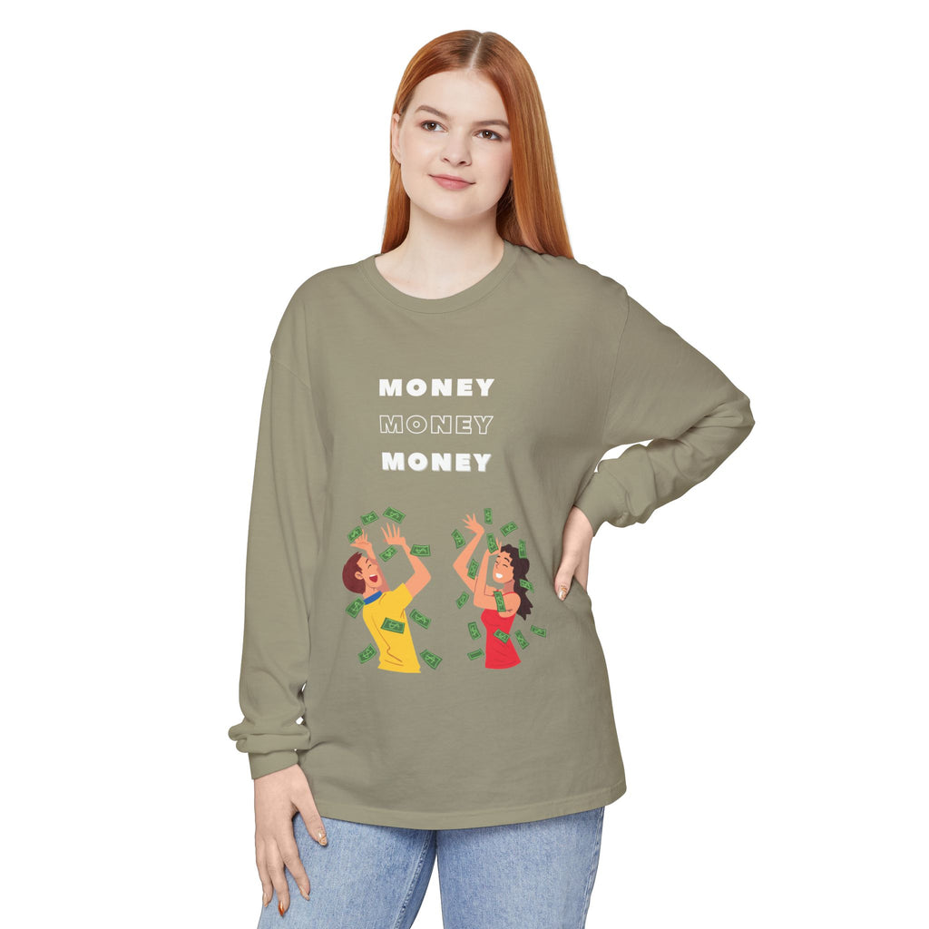 Money-Themed Long Sleeve T-Shirt, Funny Graphic Top, Gift for Finance Lovers, Casual Wear, Party Outfit, Unique Apparel