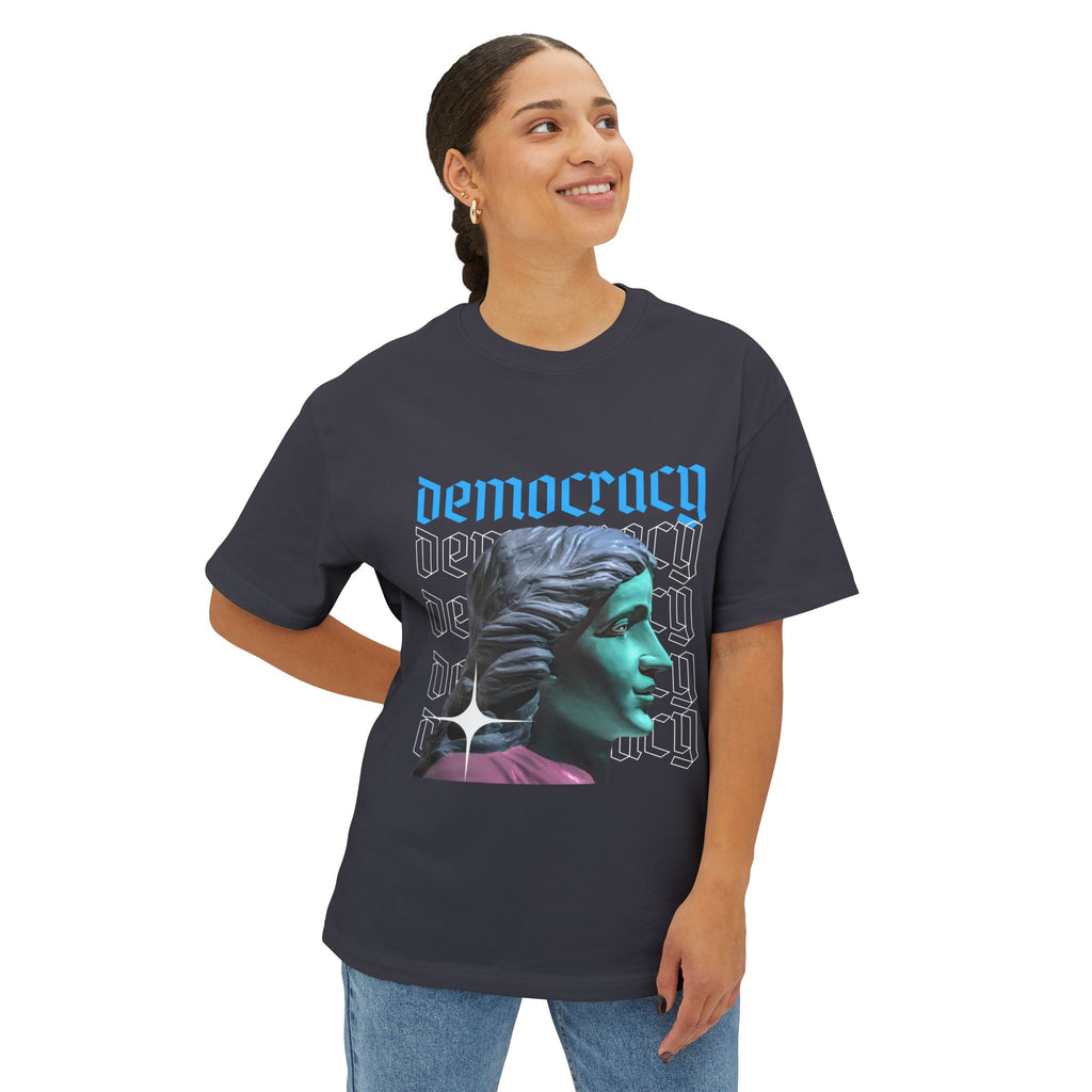 Democracy Graphic Oversized Tee, Unisex Boxy T-Shirt, Statement Fashion Top, Casual Wear, Gift for Activists, Cool Streetwear