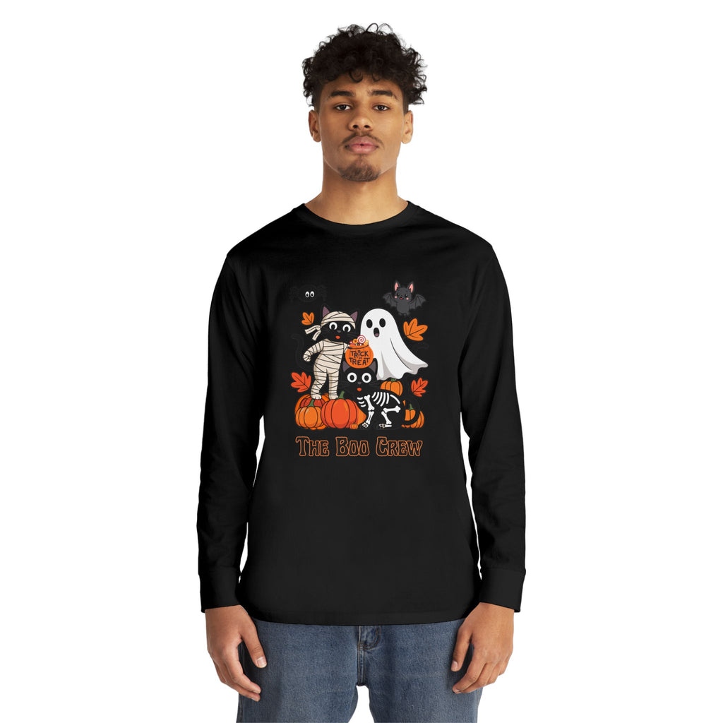 Halloween Long Sleeve Tee, Boo Crew Shirt, Cat Ghost Top, Fall Apparel, Spooky Season Clothing, Kids Halloween Outfit