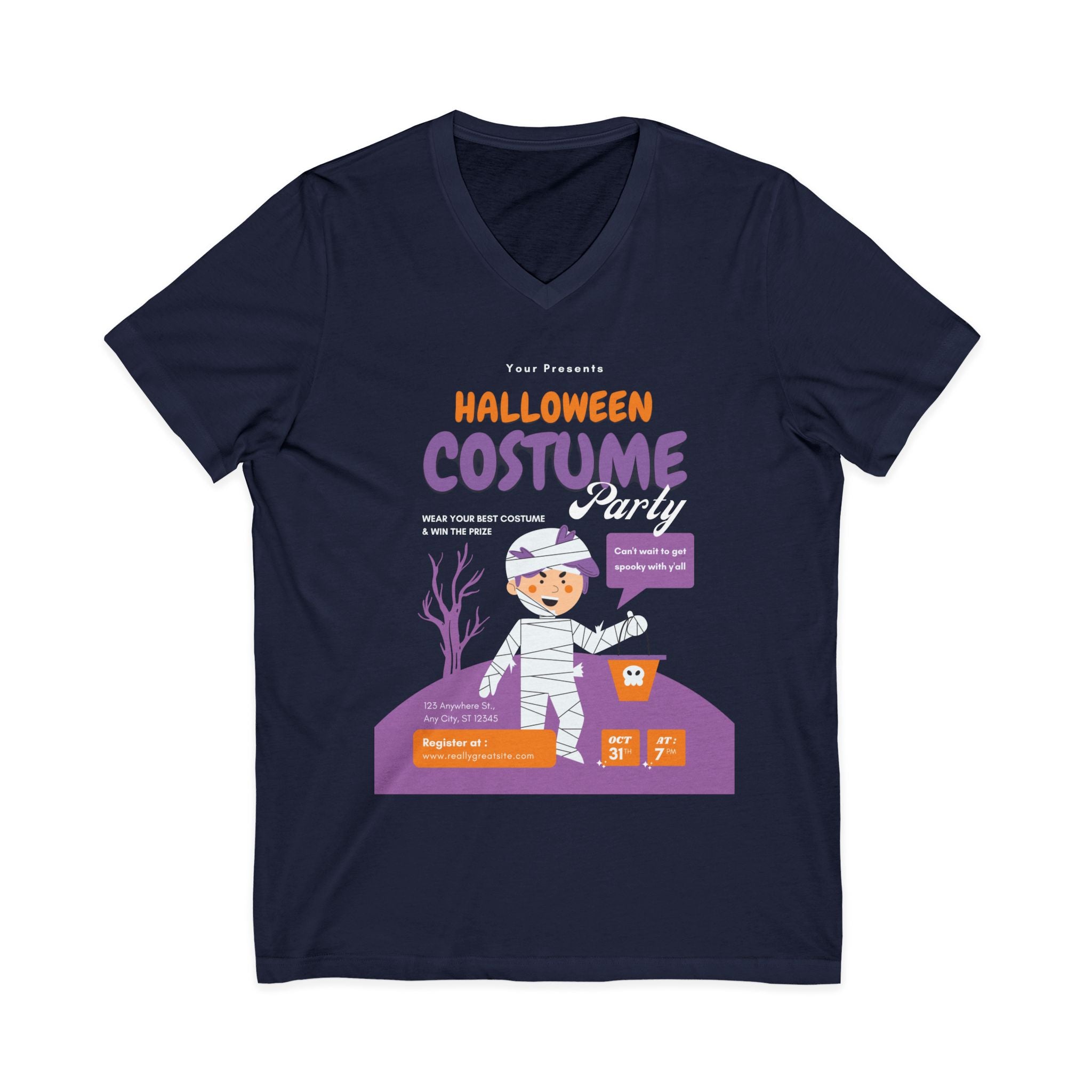 Halloween Costume Unisex V-Neck Tee, Spooky T-Shirt, Fall Apparel, Cozy Costume Top, Ghostly Fashion, Halloween Gift