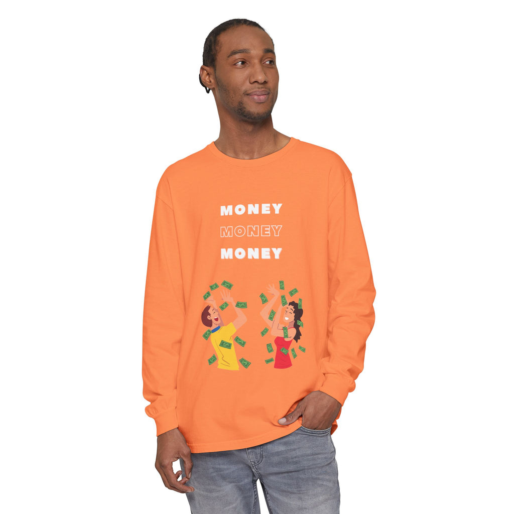 Money-Themed Long Sleeve T-Shirt, Funny Graphic Top, Gift for Finance Lovers, Casual Wear, Party Outfit, Unique Apparel