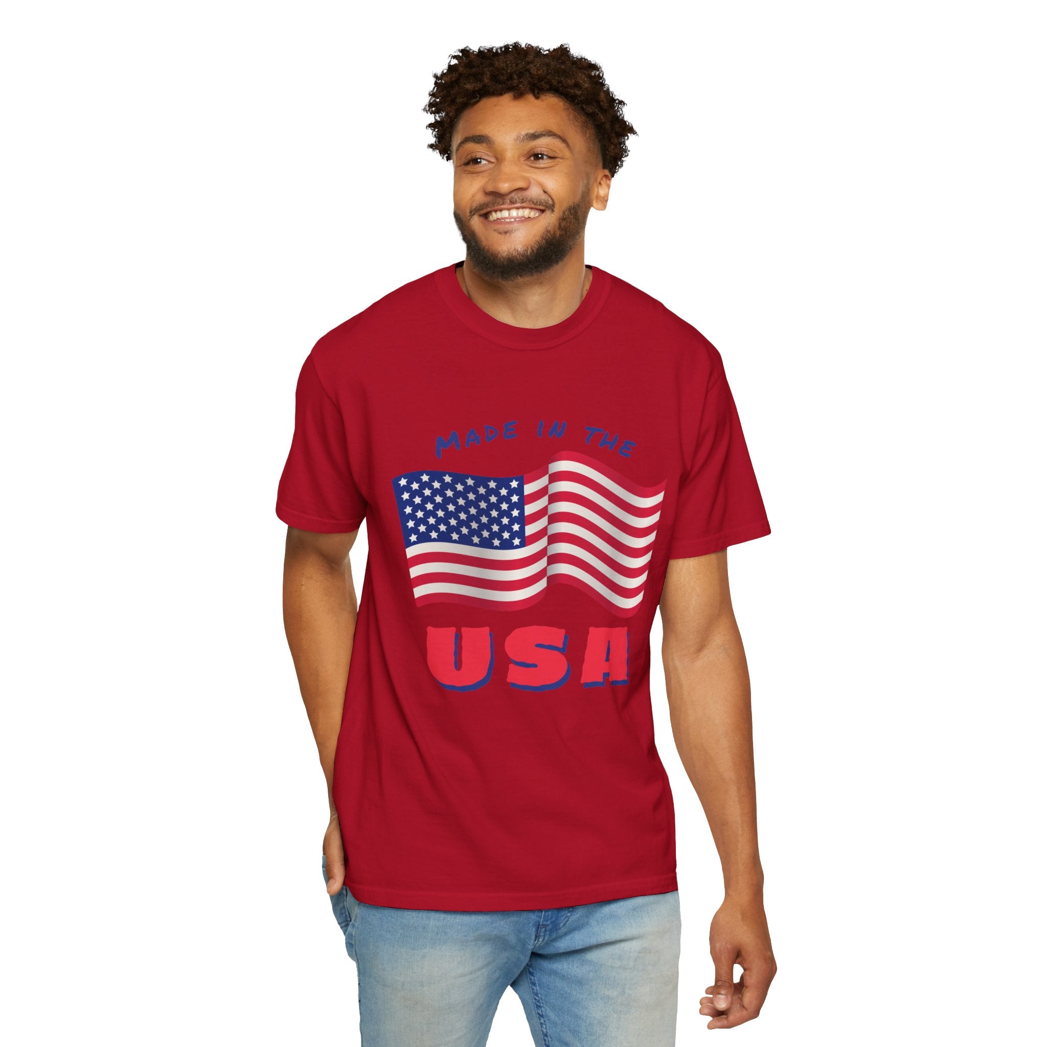 Patriotic T-Shirt for Celebrations, Made in the USA Tee, Unisex Garment-Dyed Shirt, July 4th Apparel, Red White Blue Tee