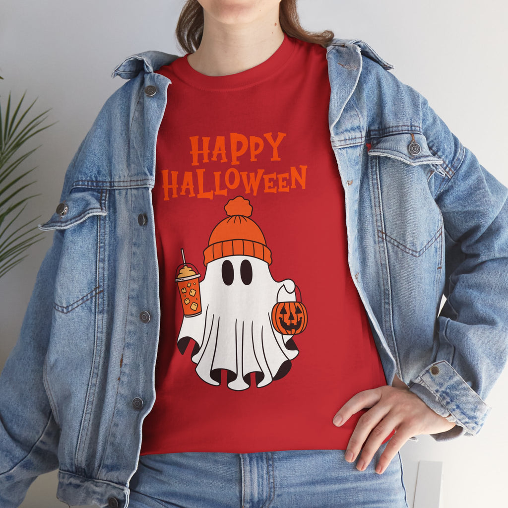 Happy Halloween Ghost Tee, Unisex Cotton T-Shirt, Halloween Apparel, Fall Fashion, Cute Halloween Gift, Ghost Tee