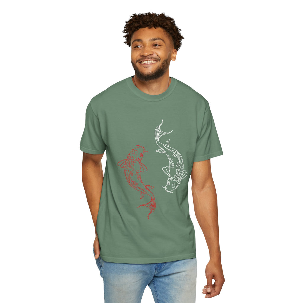 Koi Fish Garment-Dyed T-shirt, Unisex Tee, Casual Wear, Nature Lover Gift, Birthday Present, Relaxed Fit T-Shirt