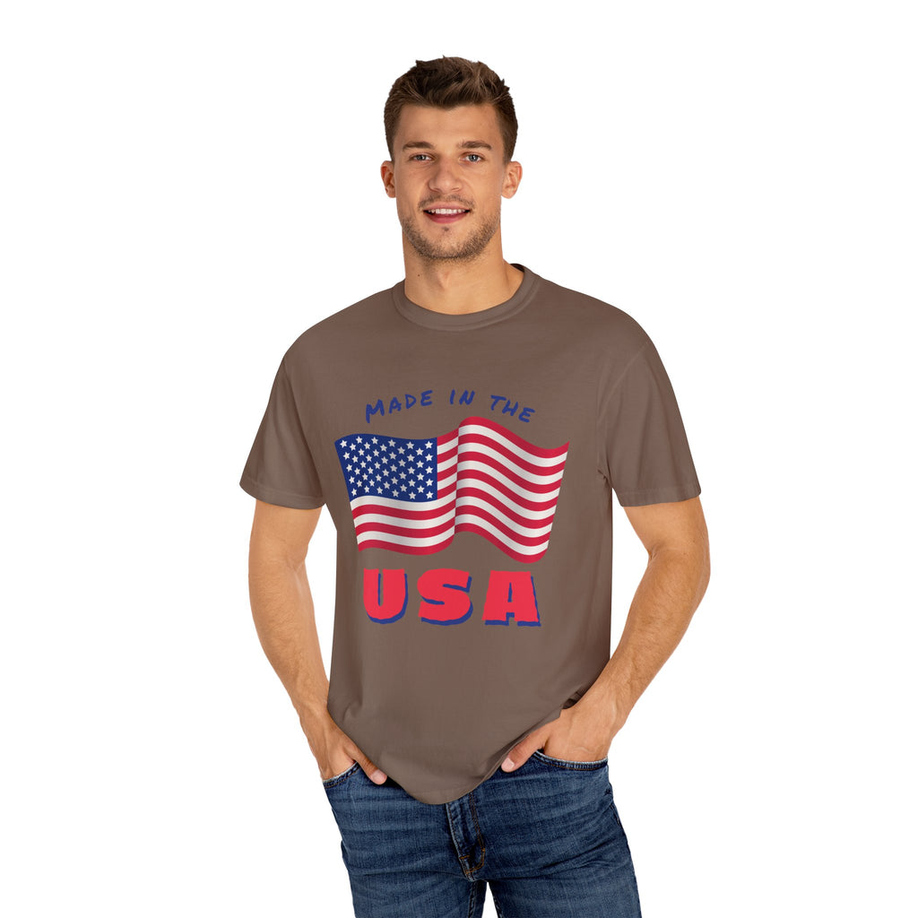 Patriotic T-Shirt for Celebrations, Made in the USA Tee, Unisex Garment-Dyed Shirt, July 4th Apparel, Red White Blue Tee