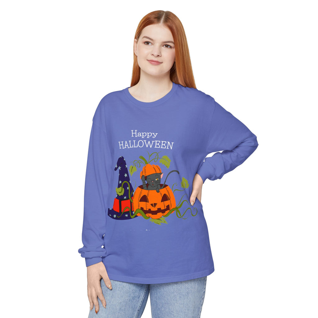Happy Halloween Cat Long Sleeve T-Shirt, Unisex Halloween Shirt, Spooky Seasonal Apparel, Cute Trick or Treat Tee, Fall Festive Wear