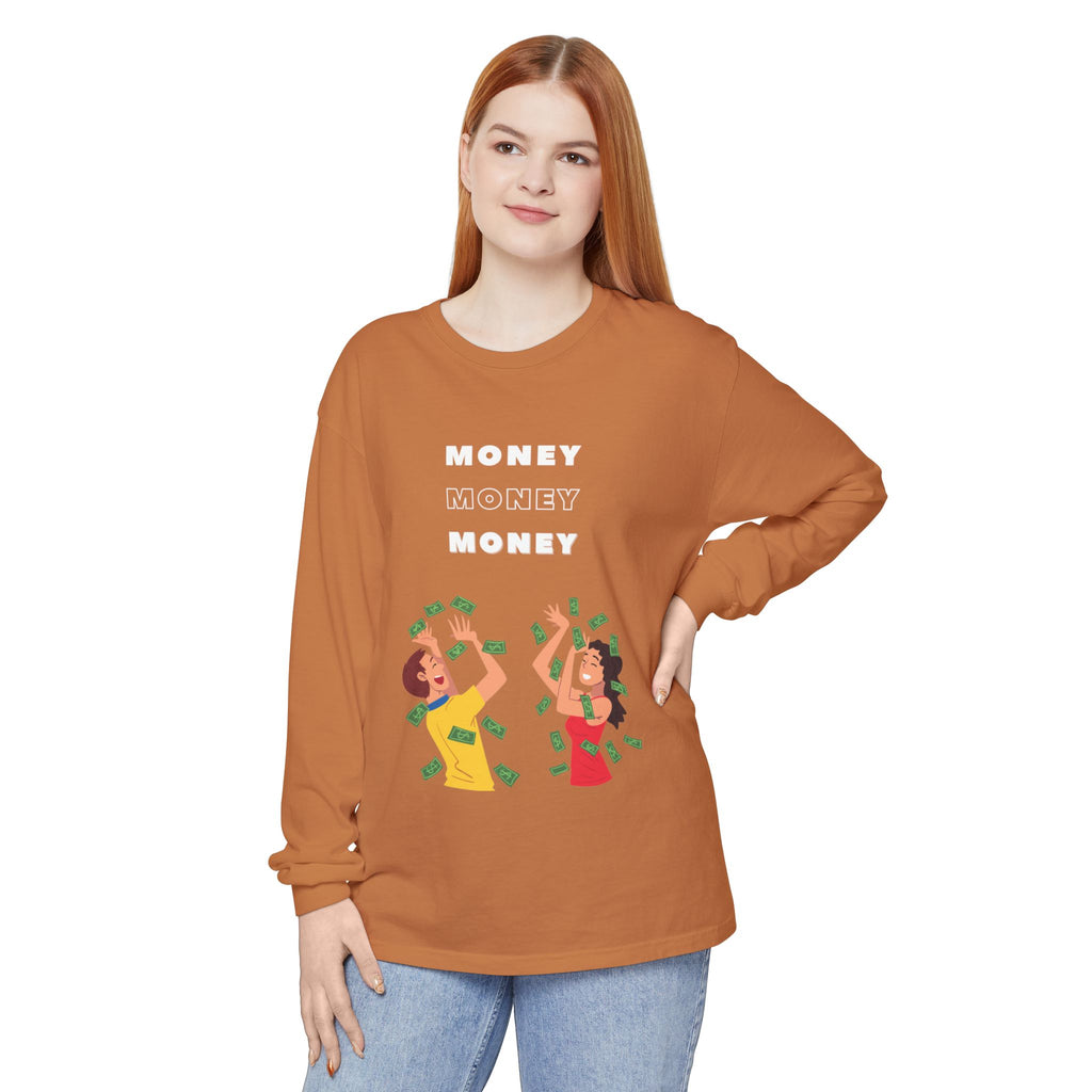 Money-Themed Long Sleeve T-Shirt, Funny Graphic Top, Gift for Finance Lovers, Casual Wear, Party Outfit, Unique Apparel