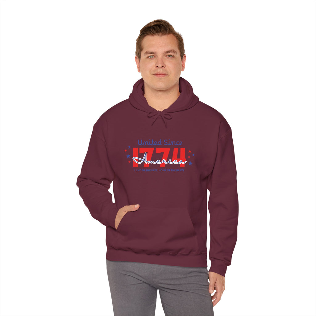 Patriotic Hooded Sweatshirt - United Since 1774, Unisex Pullover, 4th of July Gift, Cozy Fall Apparel, Red White Blue Hoodie