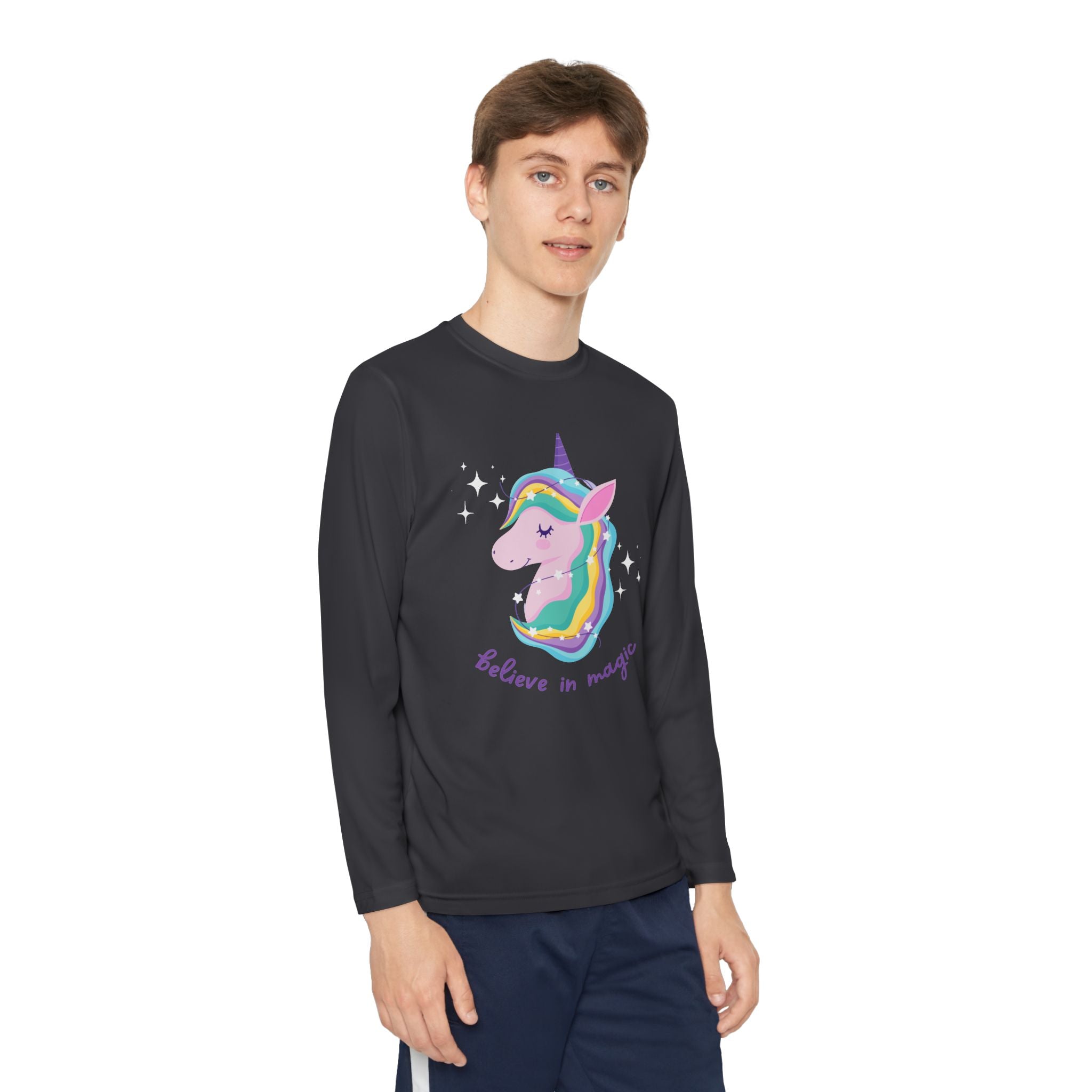 Youth Long Sleeve Unicorn Tee - Believe in Magic, Kids' Shirt, Unicorn Gifts, Birthday Outfit, Casual Wear, Rainbow Design
