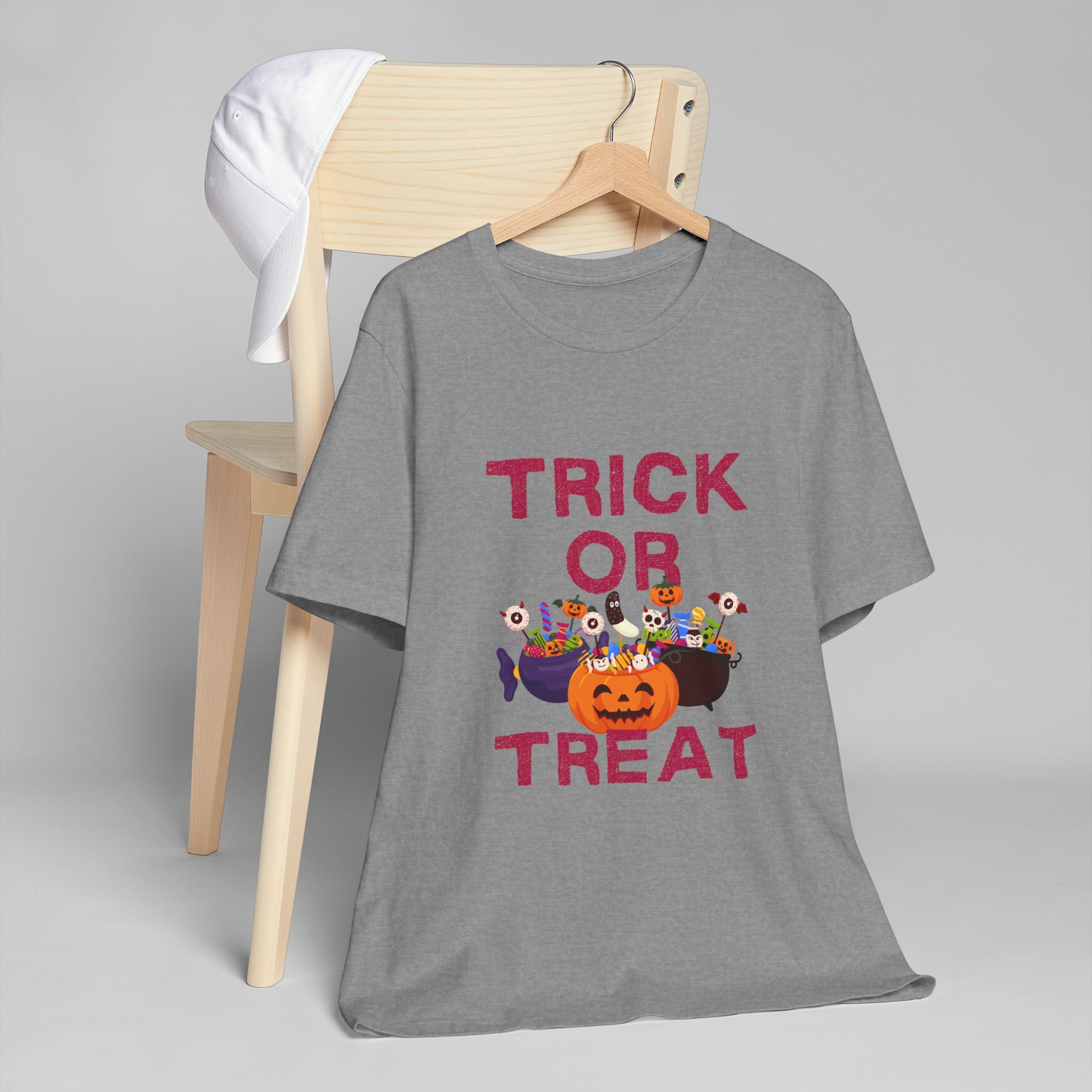 Halloween Trick or Treat Unisex Jersey T-Shirt, Spooky Tee, Fall Fashion, Halloween Costume Top, Family Matching Shirt, Gift for Kids