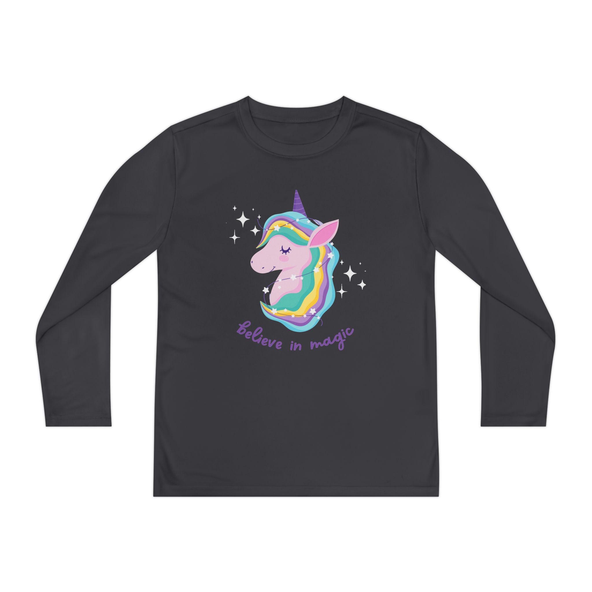Youth Long Sleeve Unicorn Tee - Believe in Magic, Kids' Shirt, Unicorn Gifts, Birthday Outfit, Casual Wear, Rainbow Design