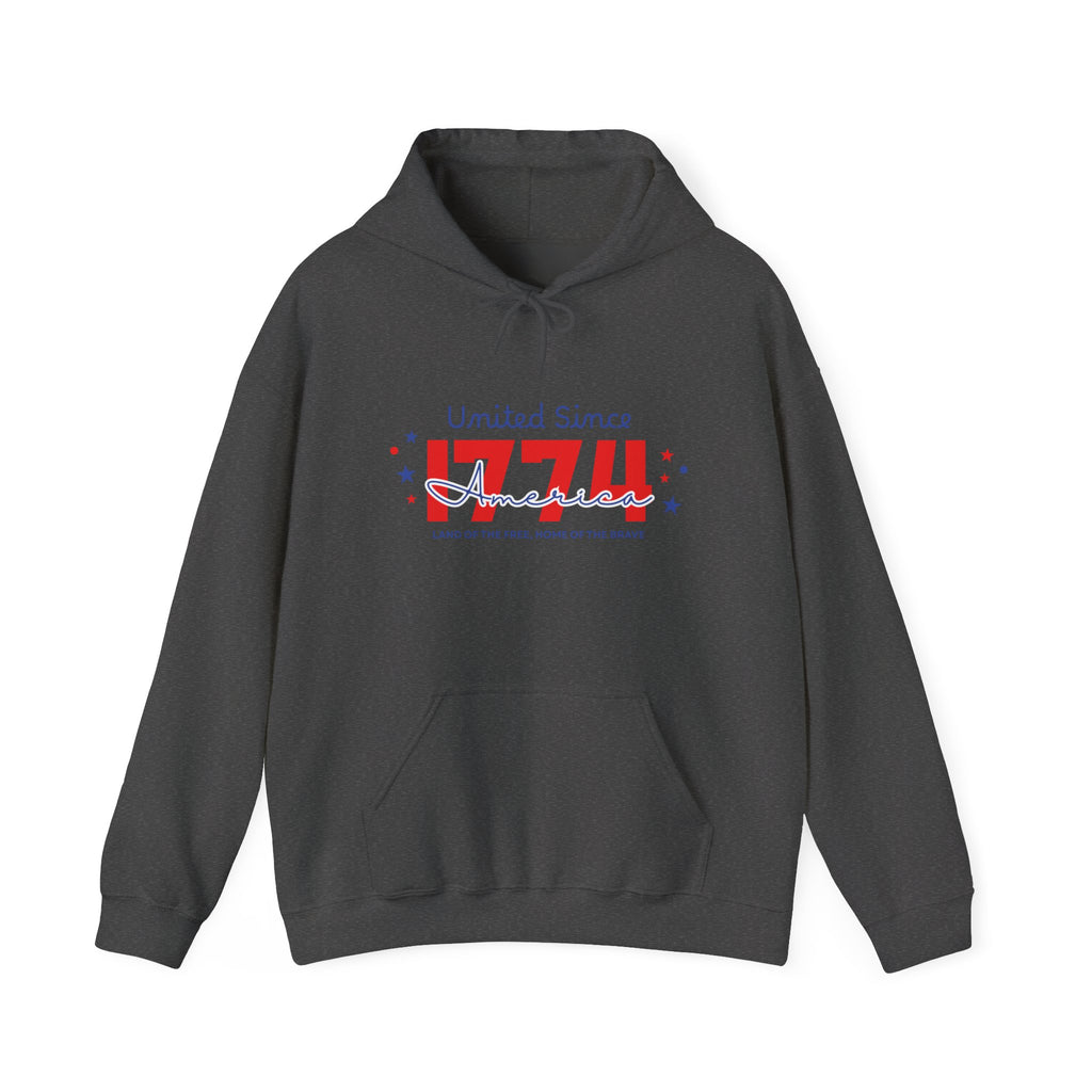 Patriotic Hooded Sweatshirt - United Since 1774, Unisex Pullover, 4th of July Gift, Cozy Fall Apparel, Red White Blue Hoodie