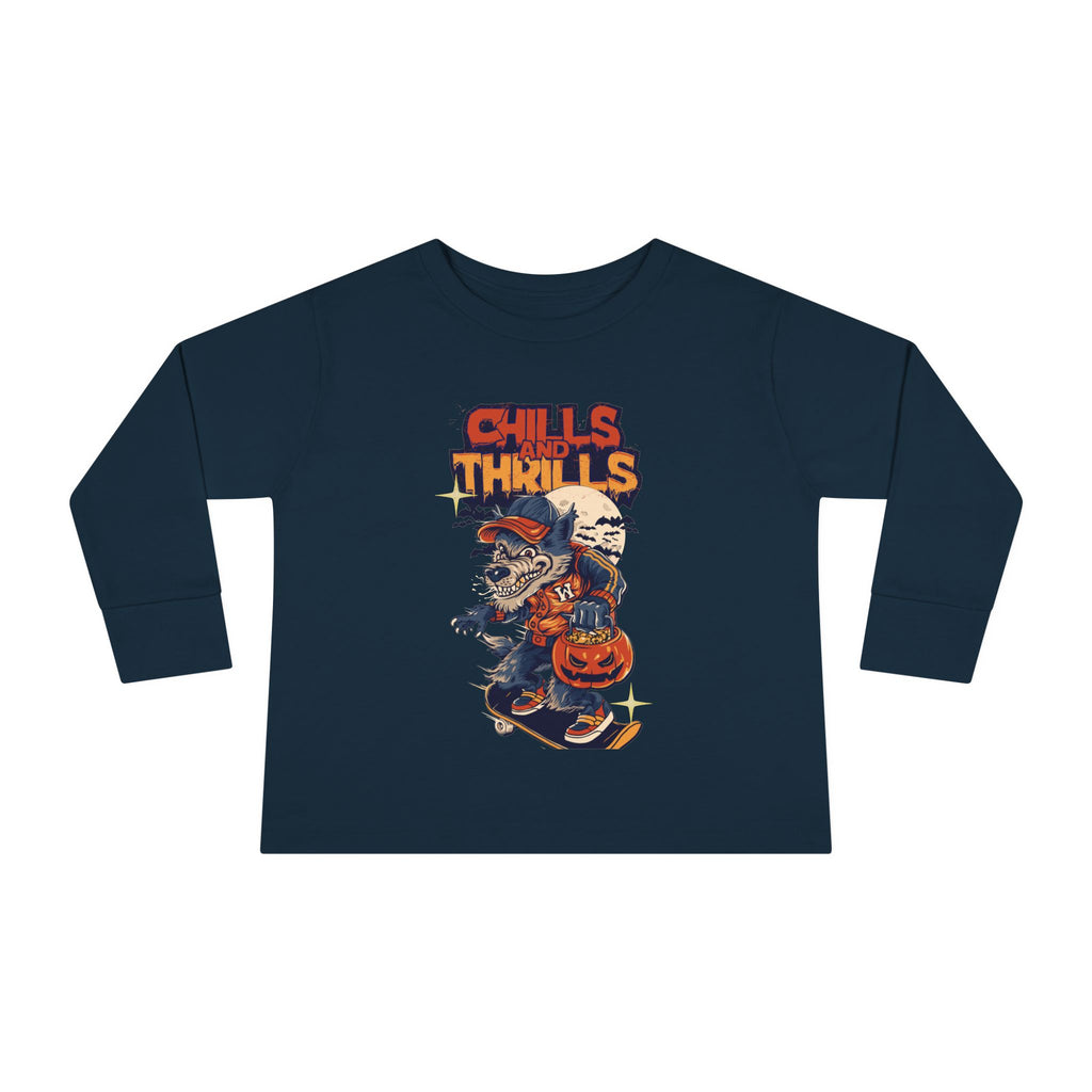 Toddler Long Sleeve Tee with Chills & Thrills Halloween Skater Design, Kids Fall Apparel, Halloween Outfit, Toddler Skate Tee, Fun [...]