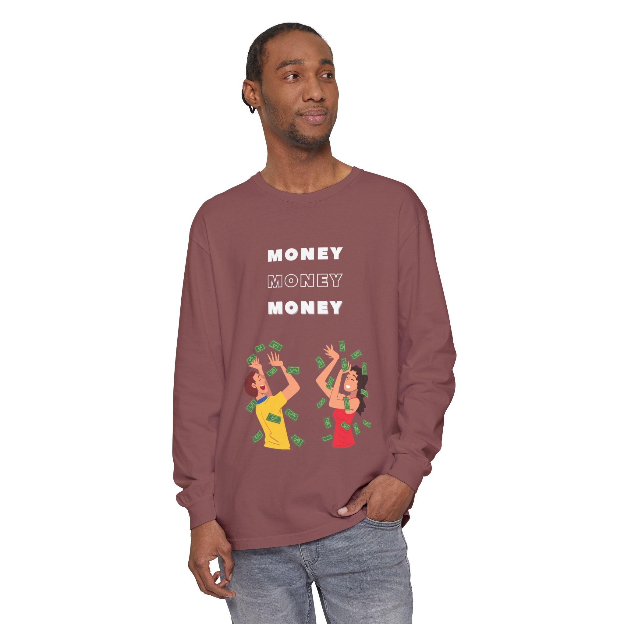 Money-Themed Long Sleeve T-Shirt, Funny Graphic Top, Gift for Finance Lovers, Casual Wear, Party Outfit, Unique Apparel