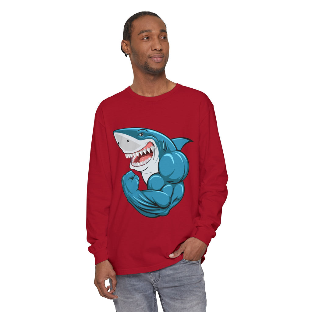 Muscle Shark Long Sleeve T-Shirt, Funny Shark Tee, Gym Humor Shirt, Gift for Ocean Lovers, Unique Workout Apparel