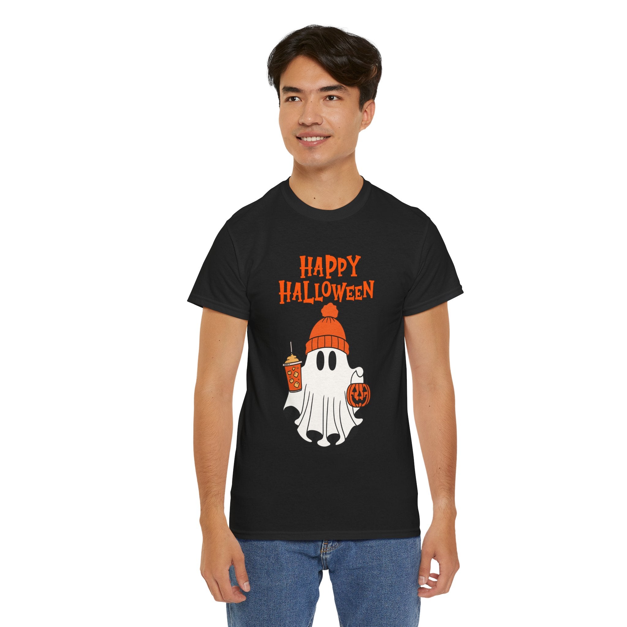 Happy Halloween Ghost Tee, Unisex Cotton T-Shirt, Halloween Apparel, Fall Fashion, Cute Halloween Gift, Ghost Tee