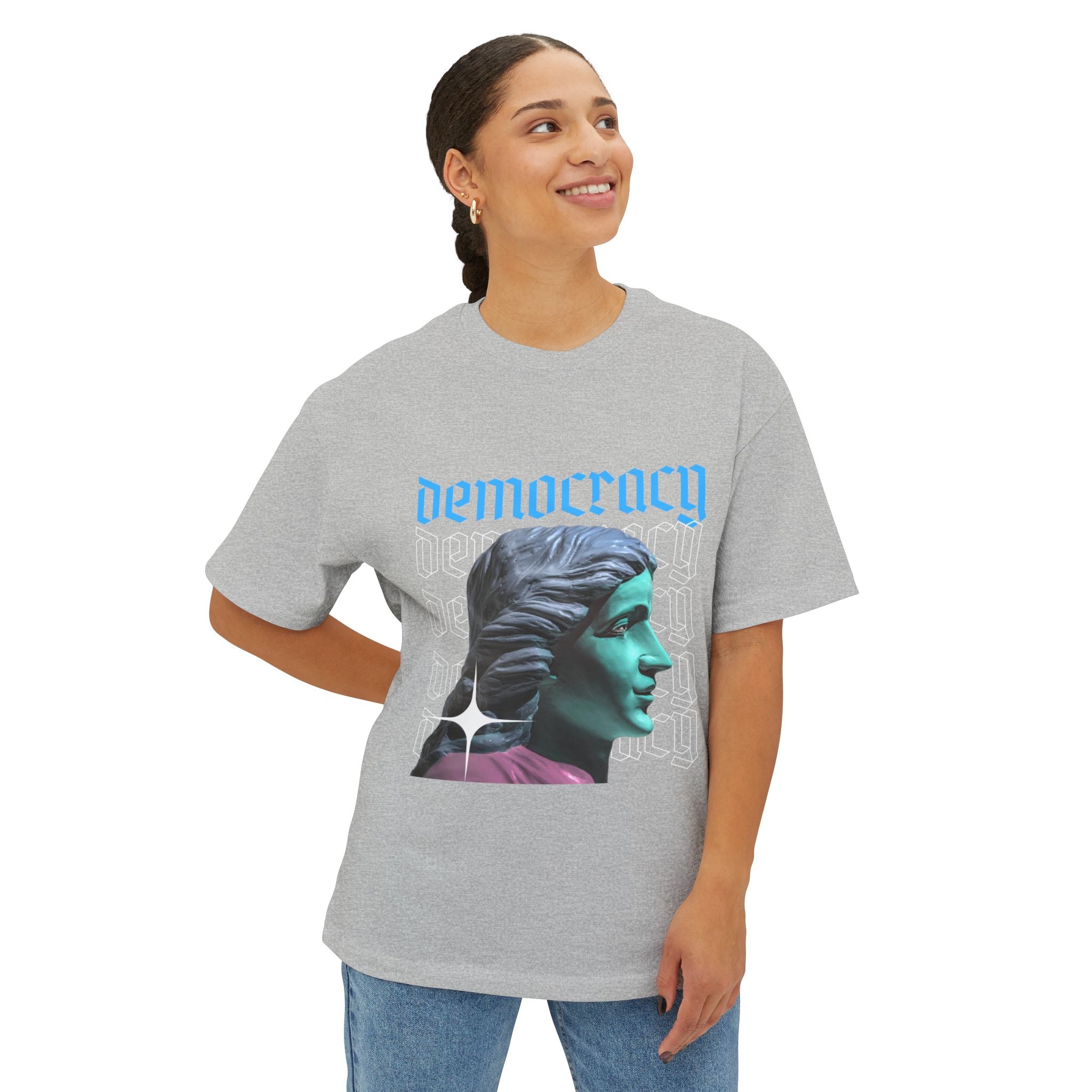 Democracy Graphic Oversized Tee, Unisex Boxy T-Shirt, Statement Fashion Top, Casual Wear, Gift for Activists, Cool Streetwear