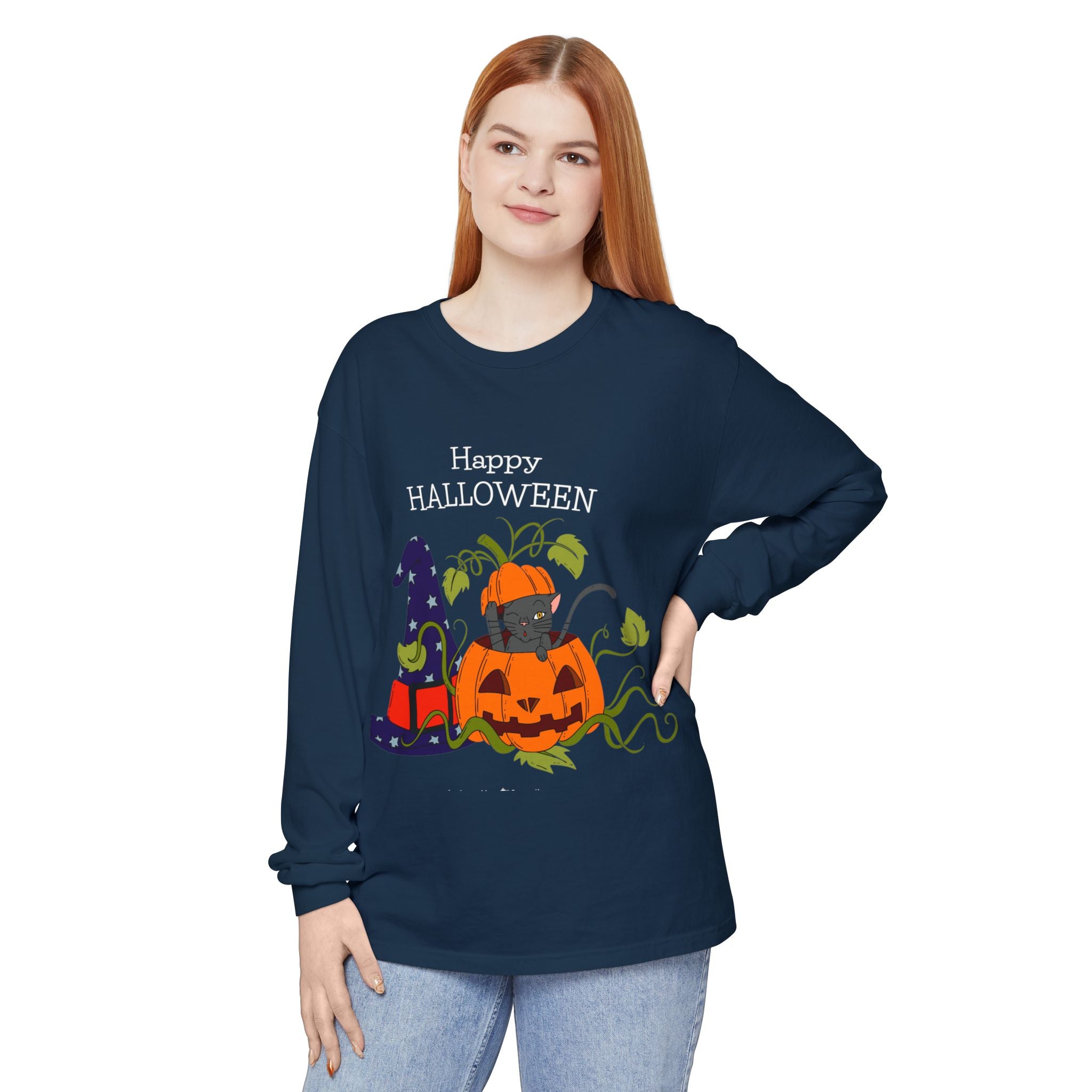 Happy Halloween Cat Long Sleeve T-Shirt, Unisex Halloween Shirt, Spooky Seasonal Apparel, Cute Trick or Treat Tee, Fall Festive Wear