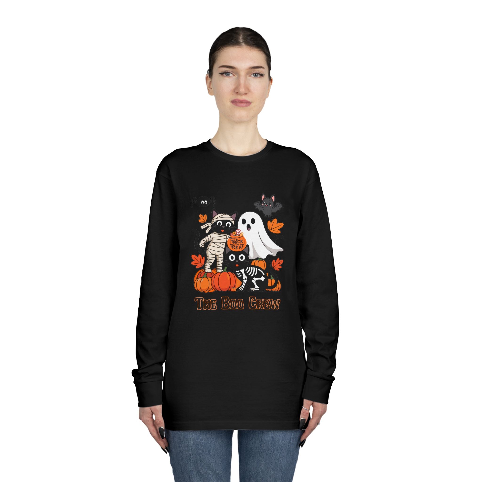 Halloween Long Sleeve Tee, Boo Crew Shirt, Cat Ghost Top, Fall Apparel, Spooky Season Clothing, Kids Halloween Outfit