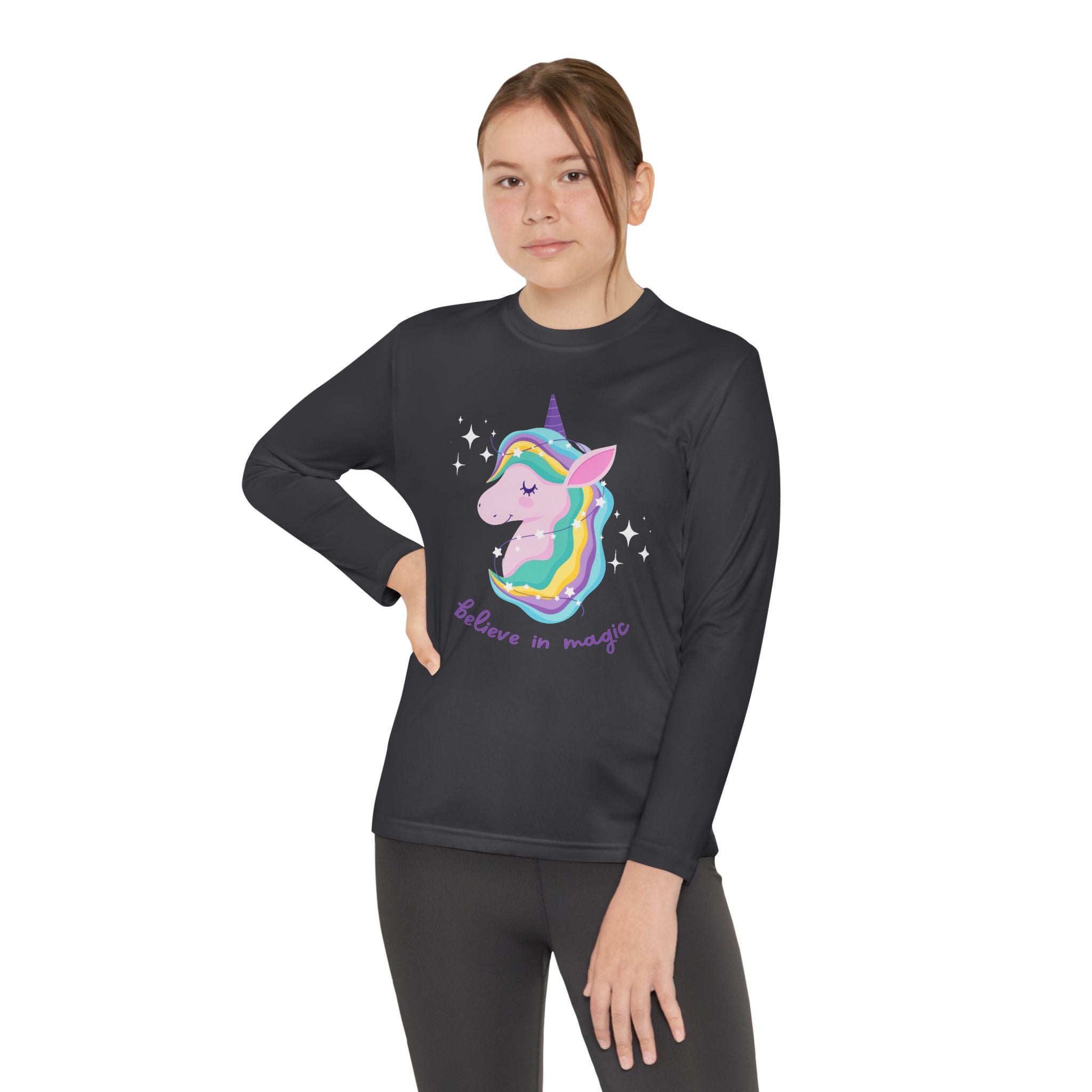 Youth Long Sleeve Unicorn Tee - Believe in Magic, Kids' Shirt, Unicorn Gifts, Birthday Outfit, Casual Wear, Rainbow Design